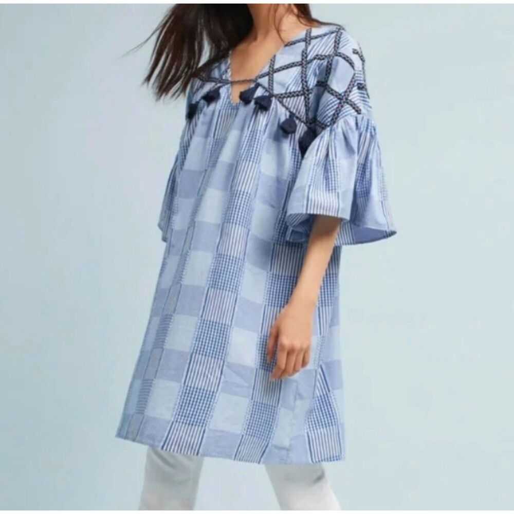 ANTHROPOLOGIE MAEVE Tatum Embroidered Tunic Dress Blue/White Tassels, Sz XS